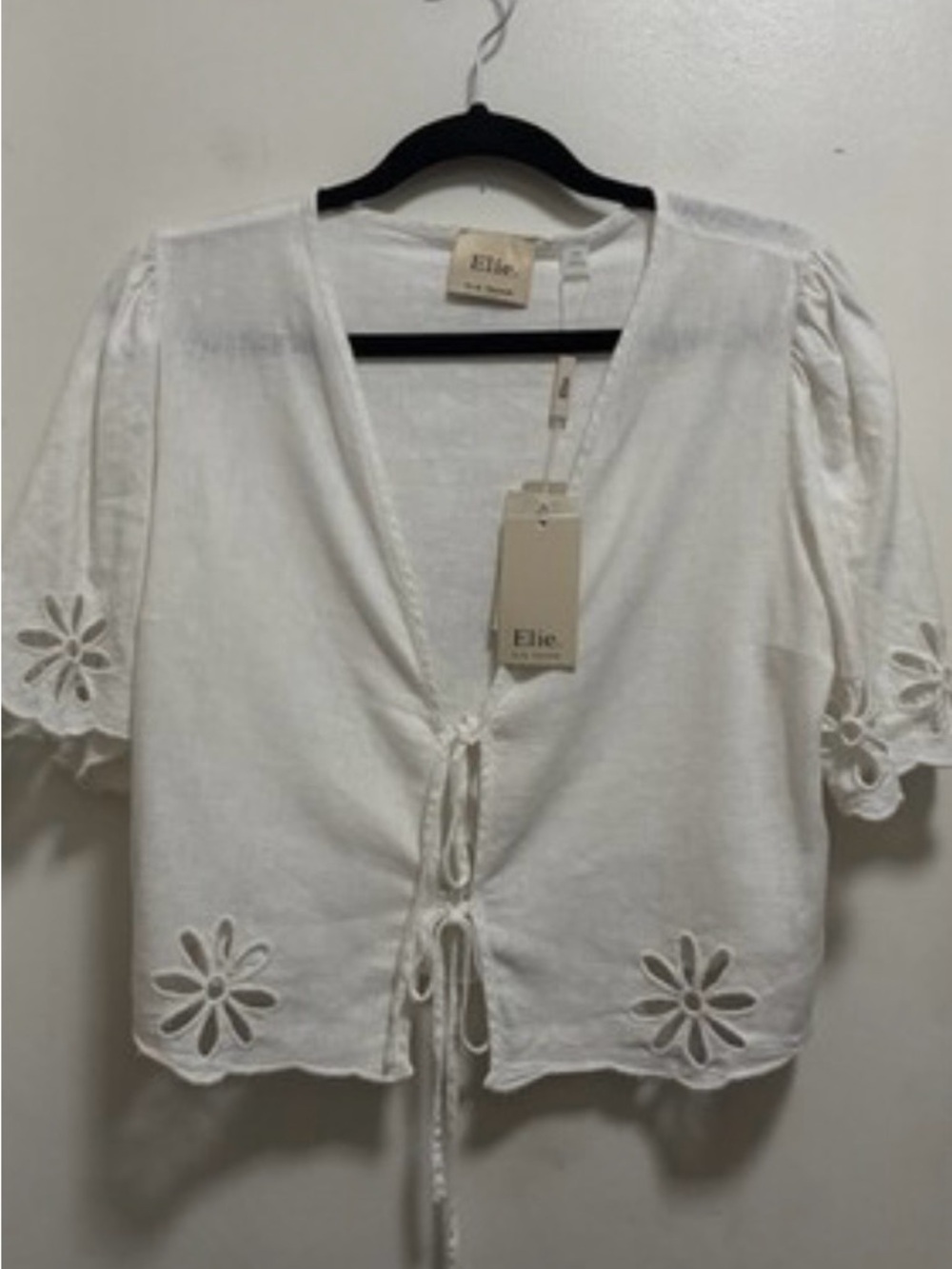 Elie Tahari White Cotton Tie-Front Eyelet Blouse